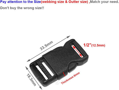 CooBigo 10pcs 1/2"(12.5mm) Side Release Buckles Plastic Black Quick Adjustable Buckle For Backpack Strap DIY V1258-DP02-D-42