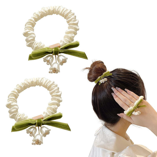 Elegant Lily of the Valley Floral Hair Ties - 2 Pack Flower Hair Bands - Elastic Ponytail Holders Hair Tie No V1258-DP02-D-424