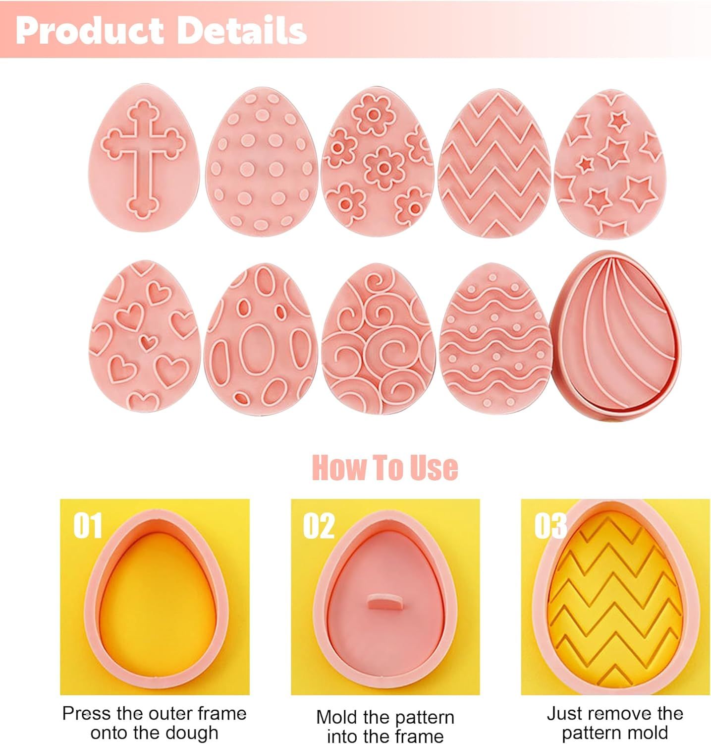 10 Pieces Easter Egg Cookie Cutters Easter Cookie Stamps 3D Plastic Embossing Mold Press Cookie Mould Set V1258-DP02-D-430