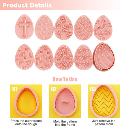 10 Pieces Easter Egg Cookie Cutters Easter Cookie Stamps 3D Plastic Embossing Mold Press Cookie Mould Set V1258-DP02-D-430