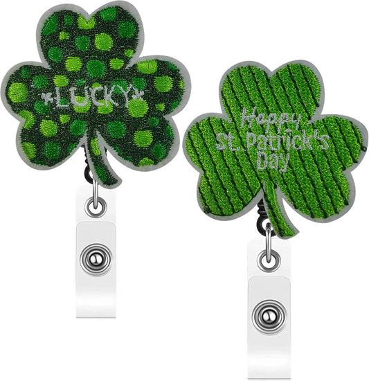 St Patricks Day Badge Reel, 2Pcs Retractable Shamrock Badge Reel, Cute Lucky Clover ID Name Badge Holder with V1258-DP02-D-433
