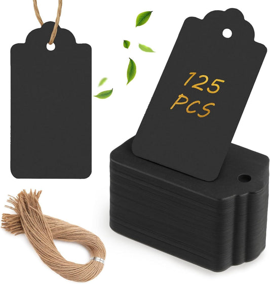 125pcs Gift Tags with String Attached, 1.5 x 2.8 inch Black Gift Tags Paper Black Labels for Clothes DIY V1258-DP02-D-439