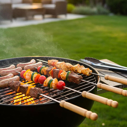 12 PCS Skewers for Grilling, Kabob Skewers with Wood Handle, Reusable BBQ Barbecue Sticks for Marshmallow, V1258-DP02-D-440
