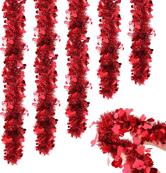 5Pcs 33Ft Valentine's Day Tinsel Garland, Red Heart Metallic Tinsel Twist Garland Shinny Hanging Heart V1258-DP02-D-449