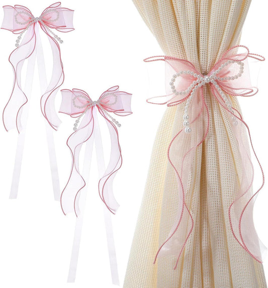 2PCS Pink Bow Curtain Tiebacks, Lace Ribbon Curtains Tie Backs for Room Decor Home Bedroom Living Women Girls V1258-DP02-D-454