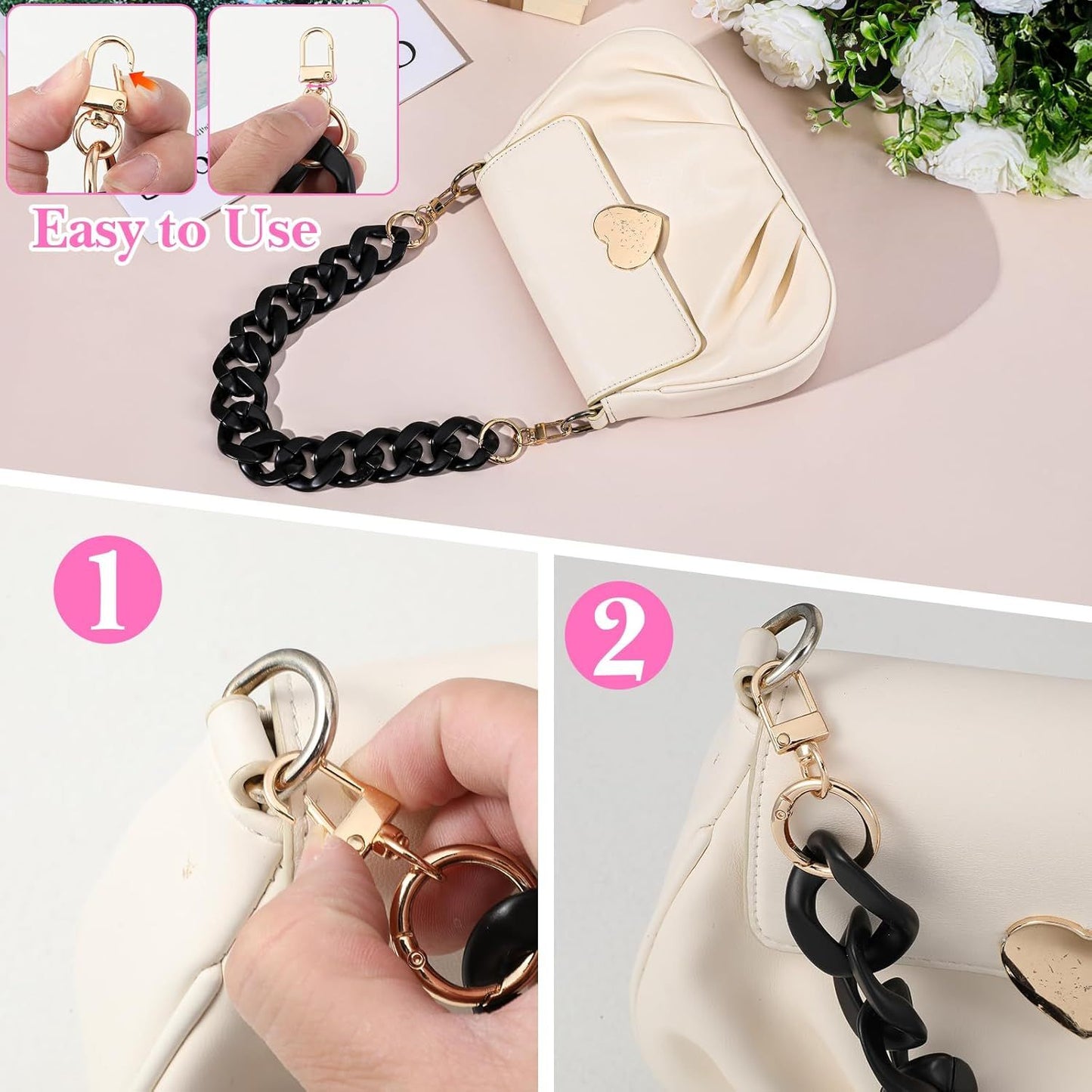 1PCS Black Purse Chain Replacement, 15.7 Inch Acrylic Bag Chain, Black Purse Chains Strap, Adjustable Handbag V1258-DP02-D-485