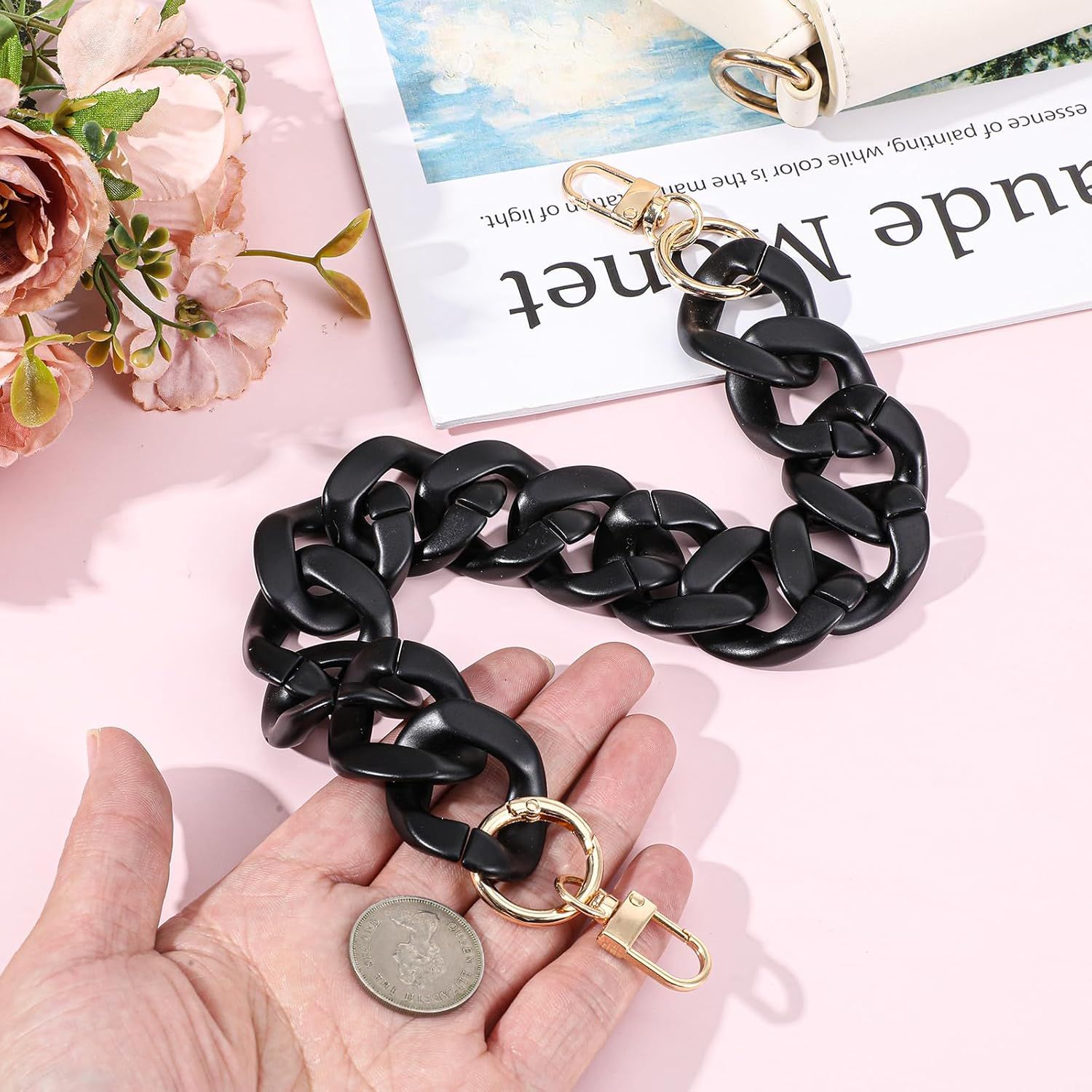 1PCS Black Purse Chain Replacement, 15.7 Inch Acrylic Bag Chain, Black Purse Chains Strap, Adjustable Handbag V1258-DP02-D-485