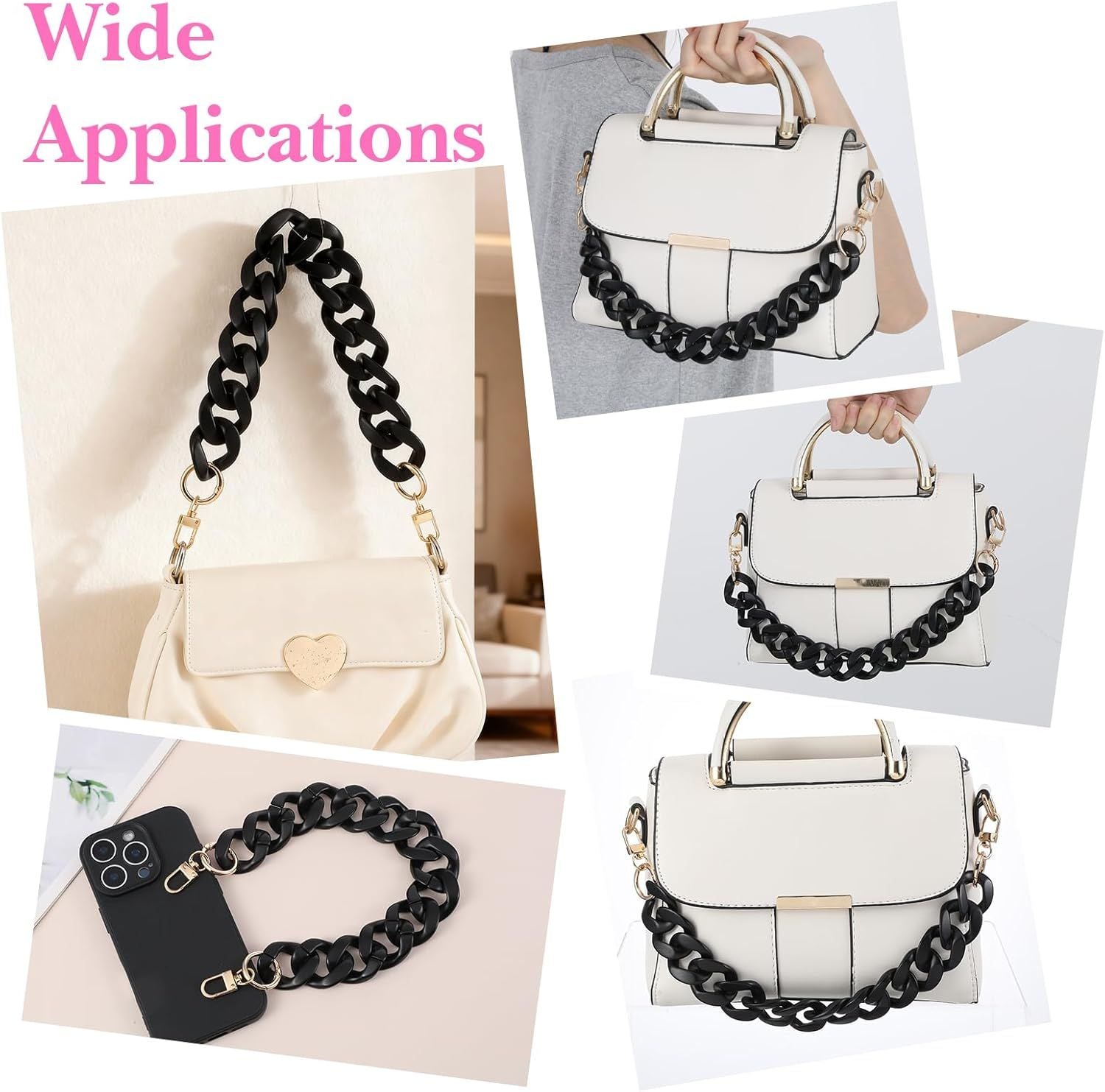 1PCS Black Purse Chain Replacement, 15.7 Inch Acrylic Bag Chain, Black Purse Chains Strap, Adjustable Handbag V1258-DP02-D-485