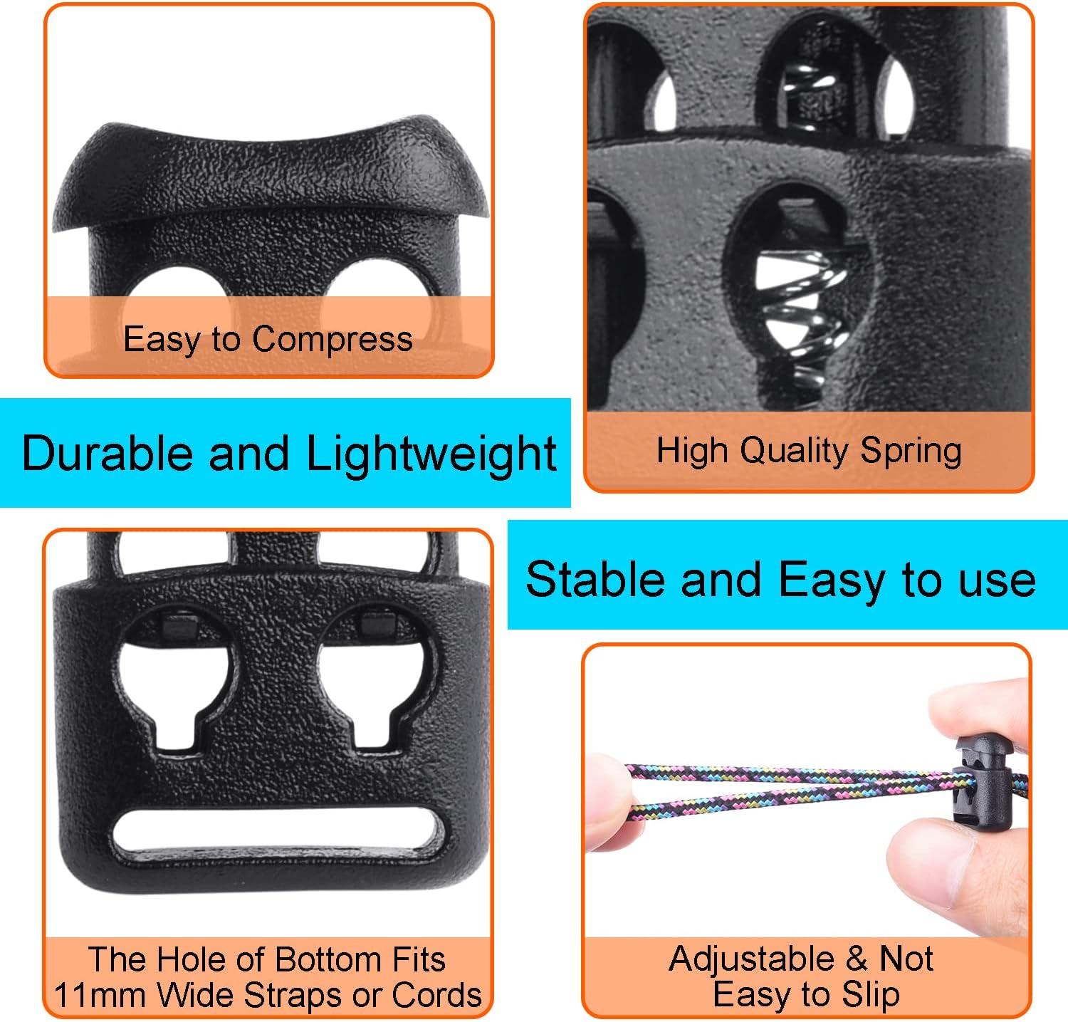CooBigo Plastic Cord Locks for Paracord Drawstring Clip, Spring Toggle Cord Stopper Sweatpant Hat Gloves V1258-DP02-D-49