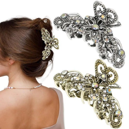 2 PCS Vintage Hair Claw Clips Rhinestone Clip Shiny Rhinestone Hollow Flower Claw Clip Metal Antique Silver V1258-DP02-D-500