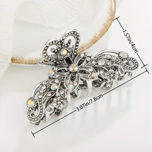 2 PCS Vintage Hair Claw Clips Rhinestone Clip Shiny Rhinestone Hollow Flower Claw Clip Metal Antique Silver V1258-DP02-D-500