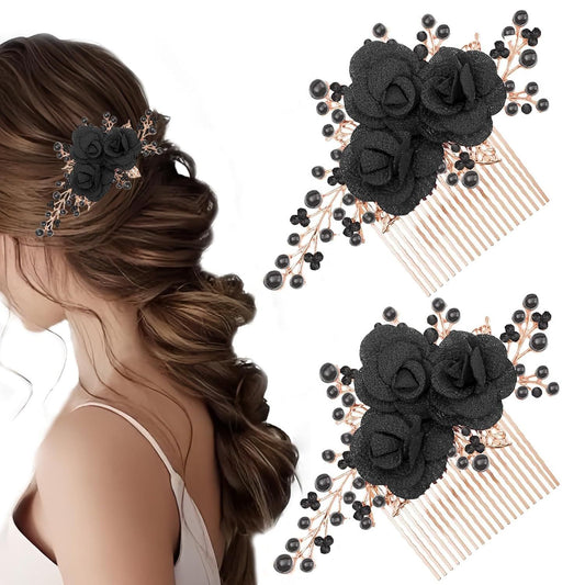 2 PCS Flower Hair Comb Black Bridal Wedding Hair Side Combs Black Rose Floral Rhinestone Pearl Headpiece V1258-DP02-D-501