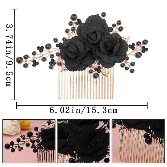 2 PCS Flower Hair Comb Black Bridal Wedding Hair Side Combs Black Rose Floral Rhinestone Pearl Headpiece V1258-DP02-D-501