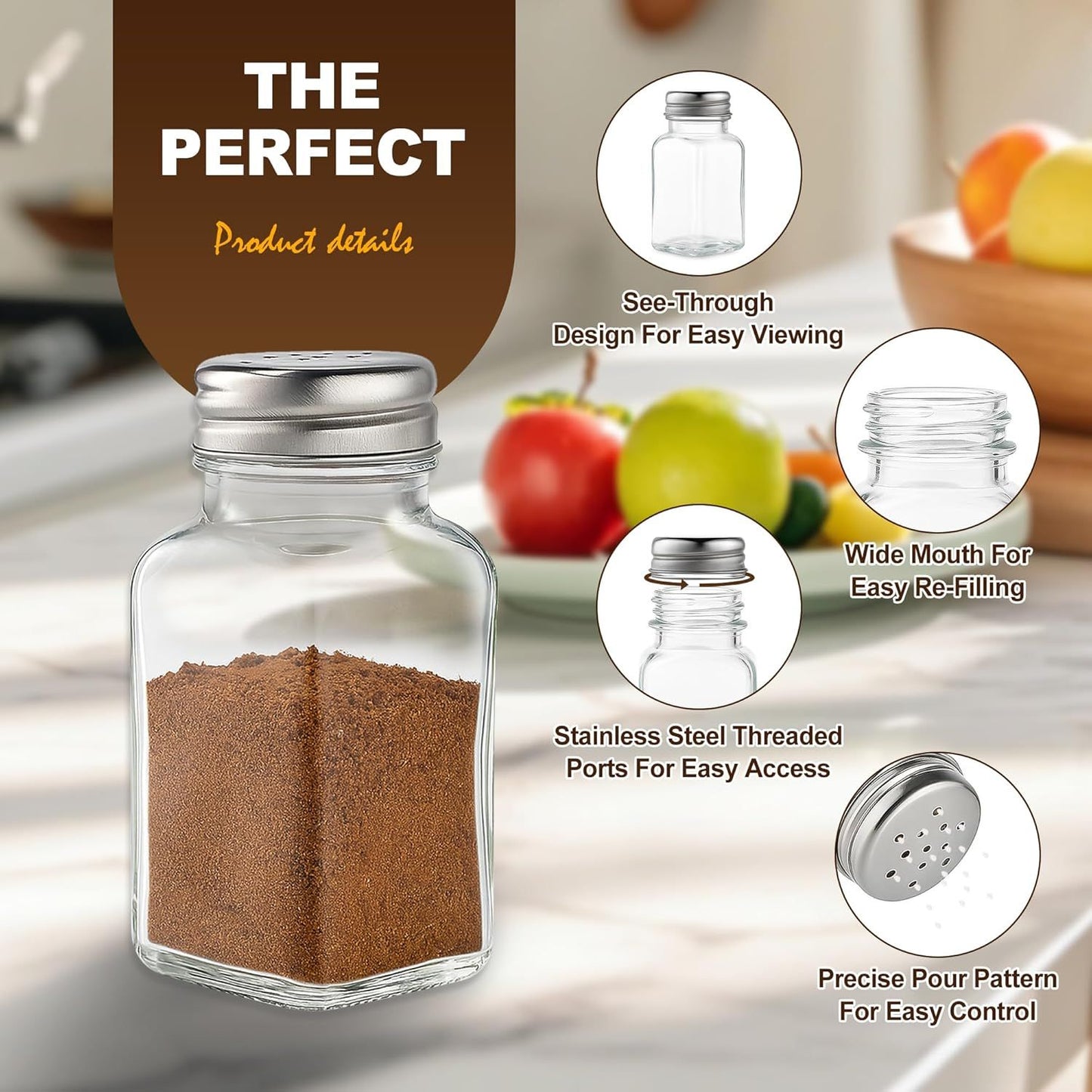 Salt and Pepper Shakers Set, Salt Shaker 2 Pcs,High Transparency Glass Stainless Steel Kitchen Tools Home V1258-DP02-D-506