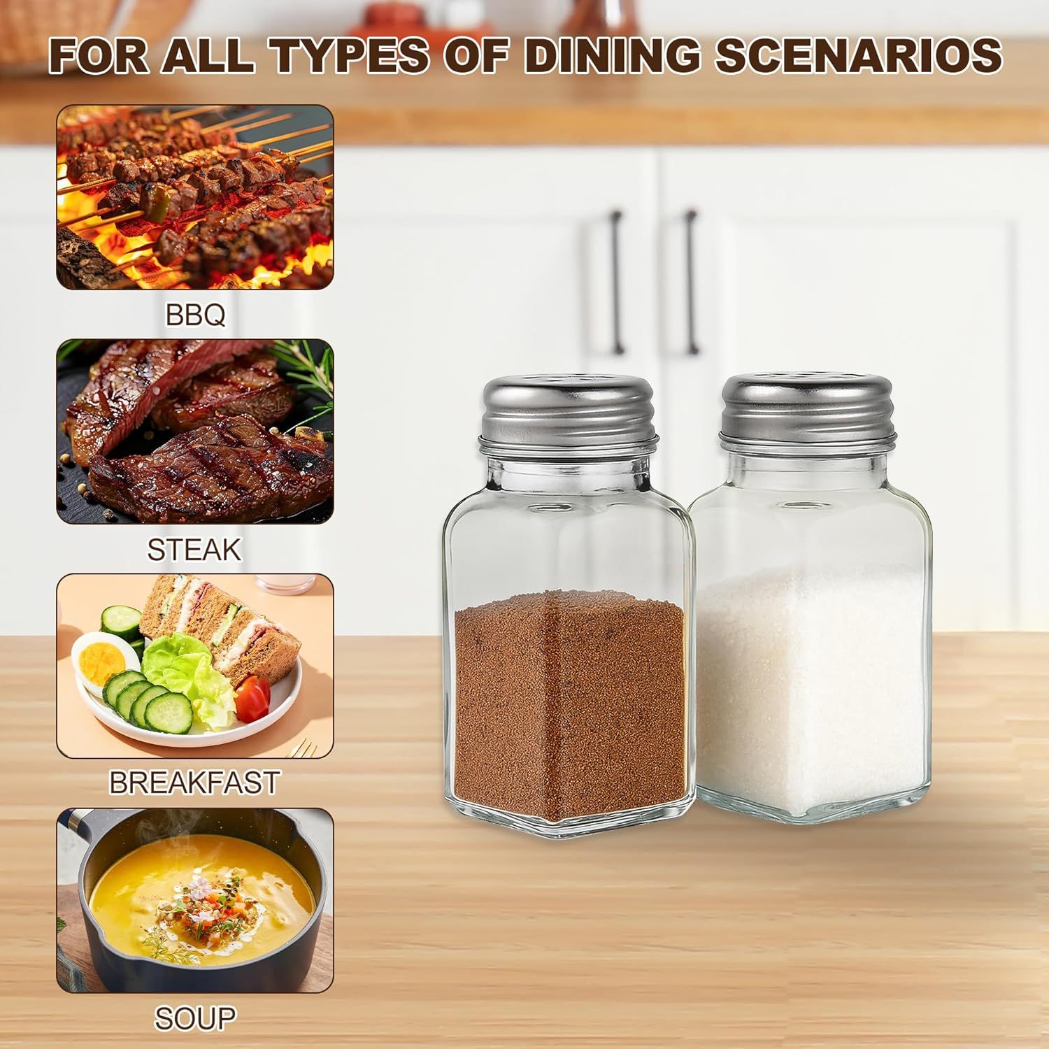 Salt and Pepper Shakers Set, Salt Shaker 2 Pcs,High Transparency Glass Stainless Steel Kitchen Tools Home V1258-DP02-D-506