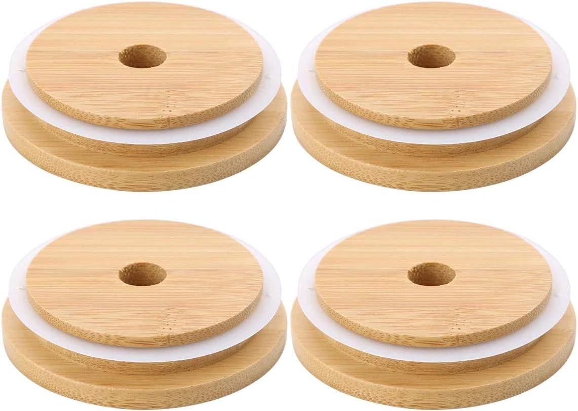 4 Pack 86mm Wide Mouth Bamboo Mason Jar Lids with Straw Hole Reusable Bamboo Caps Leak-Proof Glass Canning V1258-DP02-D-540