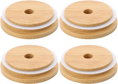 4 Pack 86mm Wide Mouth Bamboo Mason Jar Lids with Straw Hole Reusable Bamboo Caps Leak-Proof Glass Canning V1258-DP02-D-540