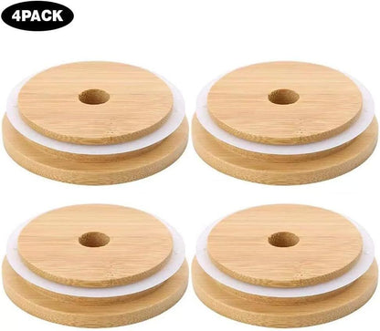 4 Pack 86mm Wide Mouth Bamboo Mason Jar Lids with Straw Hole Reusable Bamboo Caps Leak-Proof Glass Canning V1258-DP02-D-540