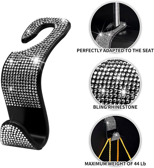 Car Purse Hook Bling Car Headrest Hook for Women Girls, 4 Packs Auto Back Seat Hangers Rear Headrest Hook for V1258-DP02-D-548