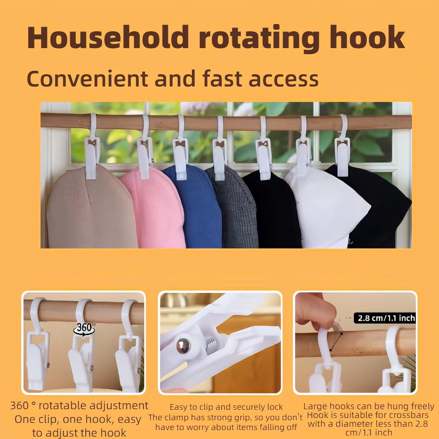 10-Pack Heavy Duty Swivel Clothes Pins - 360 degrees Rotating Hooks for Laundry, Beach Towels, Curtains, V1258-DP02-D-552