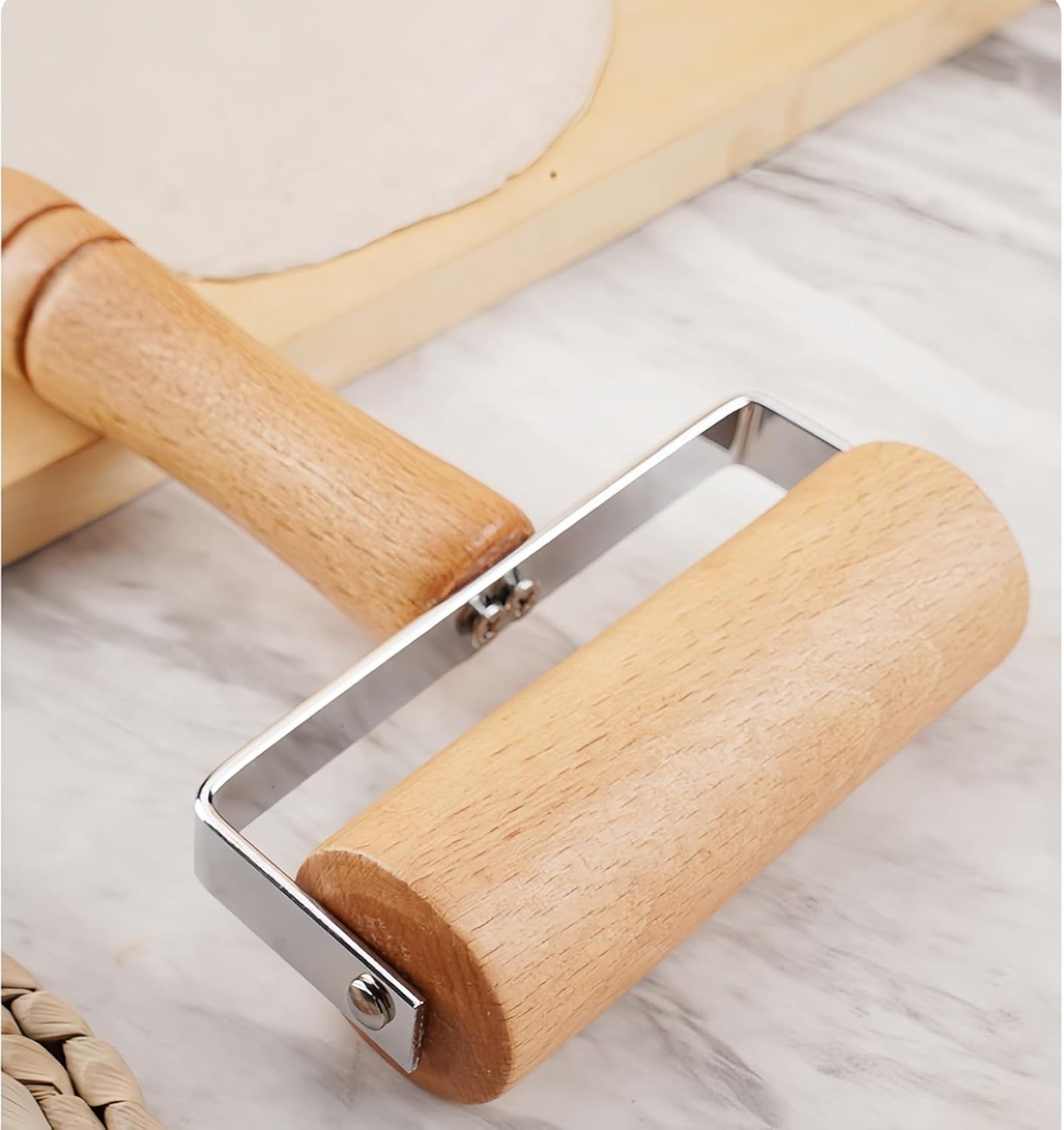 Stainless Steel & Beechwood Rolling Pin with Adjustable Thickness - Ergonomic Dumpling/Pasta Maker, Pizza, V1258-DP02-D-554