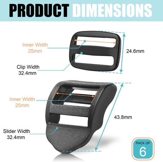 CooBigo 6 Pcs Ladder Slider Buckles+6 Pcs Tri glide Slider for Backpack Strap Clips, Plastic Clips for Straps V1258-DP02-D-56