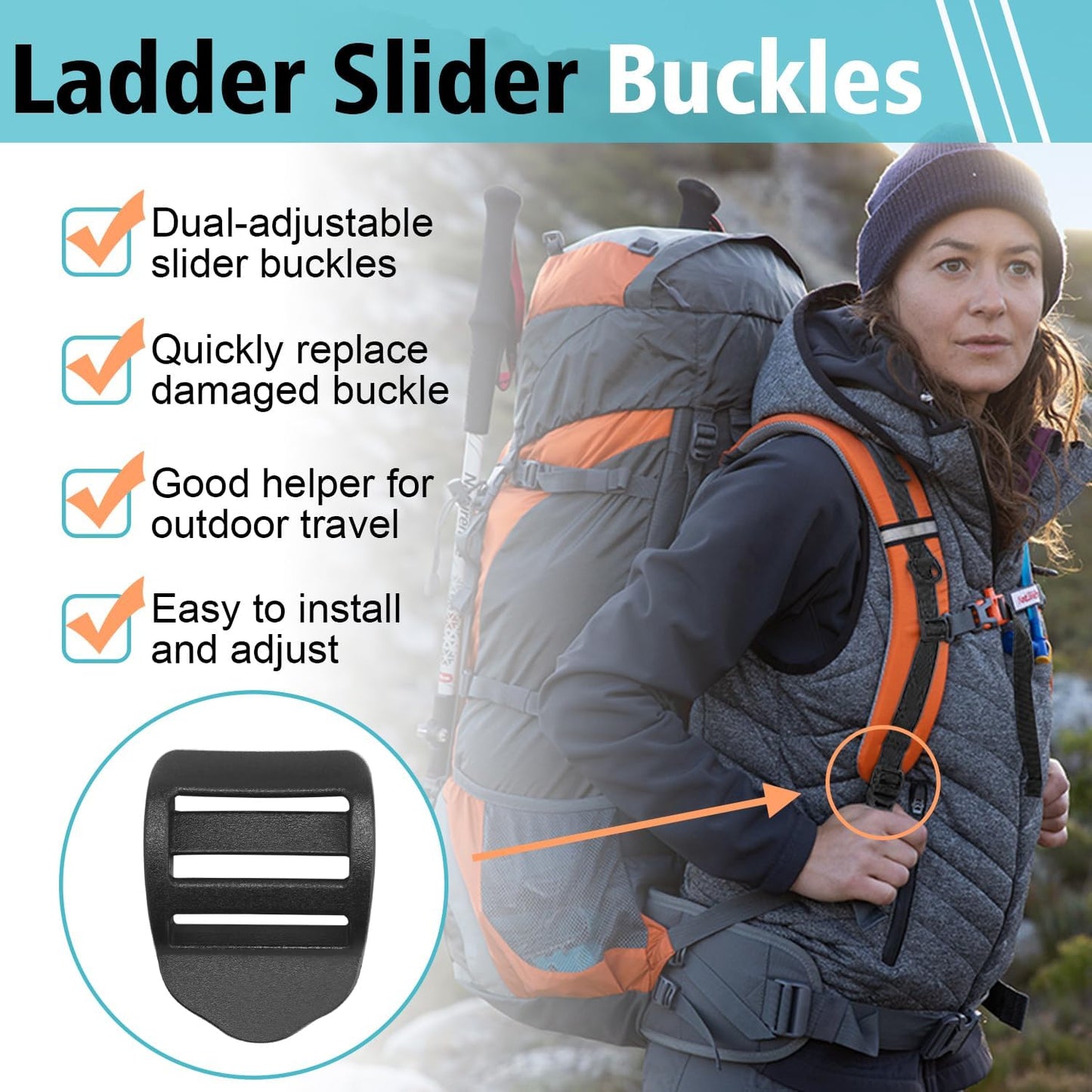 CooBigo 6 Pcs Ladder Slider Buckles+6 Pcs Tri glide Slider for Backpack Strap Clips, Plastic Clips for Straps V1258-DP02-D-56