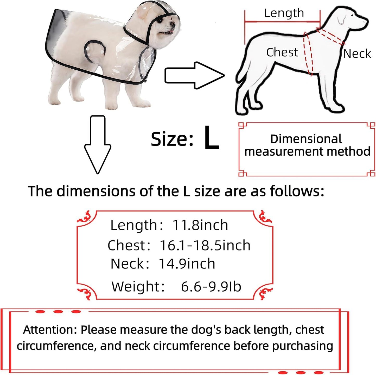 Transparent Dog Rain Poncho for Small Medium Dogs - Thick Waterproof Raincoat with Hidden Leash Hole & V1258-DP02-D-565