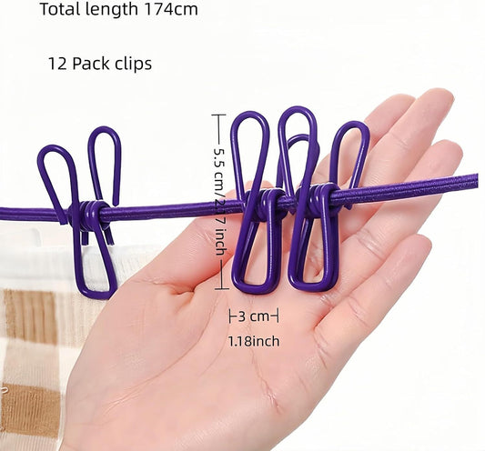 Portable Clothesline with 12 Clips - Extends 12ft, Heavy Duty Stainless Steel Hooks, Windproof for V1258-DP02-D-566