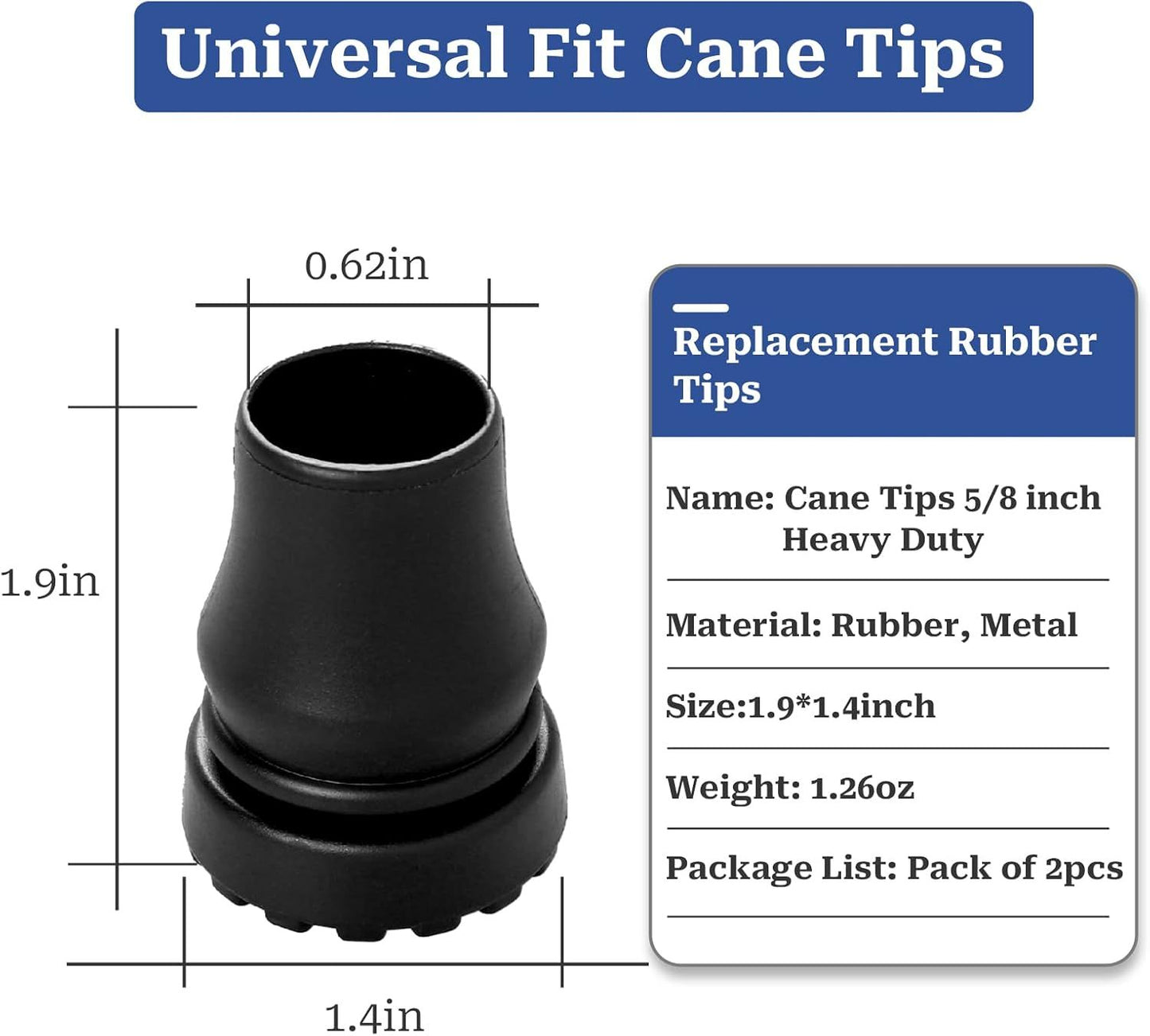 Cane Tips 5/8 inch Heavy Duty, 2 Pack Walking Cane Tips Rubber Cane Tip Replacement Rubber Tips for Canes, V1258-DP02-D-578