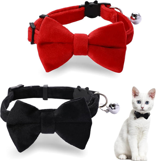 2 Pcs Velvet Cat Collar Cute Cat Bow Tie Collar for Boy Cats Breakaway Kitten Collars with Bell Adjustable V1258-DP02-D-584
