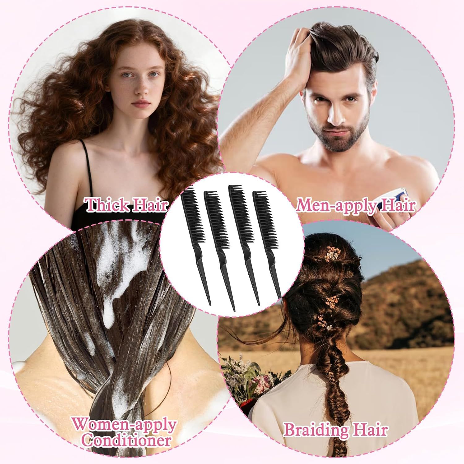 4 PCS Black 3 Row Comb for Natural Hair, The Unbraider Combs Tool for Braids, Three Row Comb for Women Men V1258-DP02-D-596