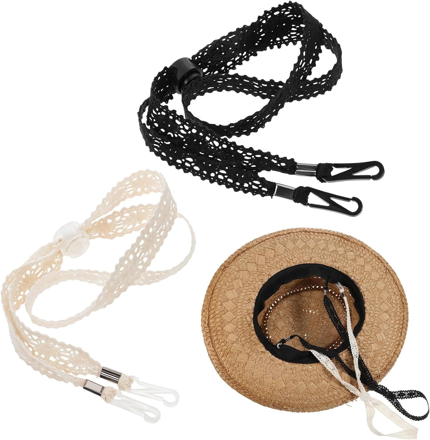 2 PCS Hat Straps for Wind, Adjustable Beige Black Chin Cord, Lace Sun Hat Chin Strap with Clips, Replacement V1258-DP02-D-603