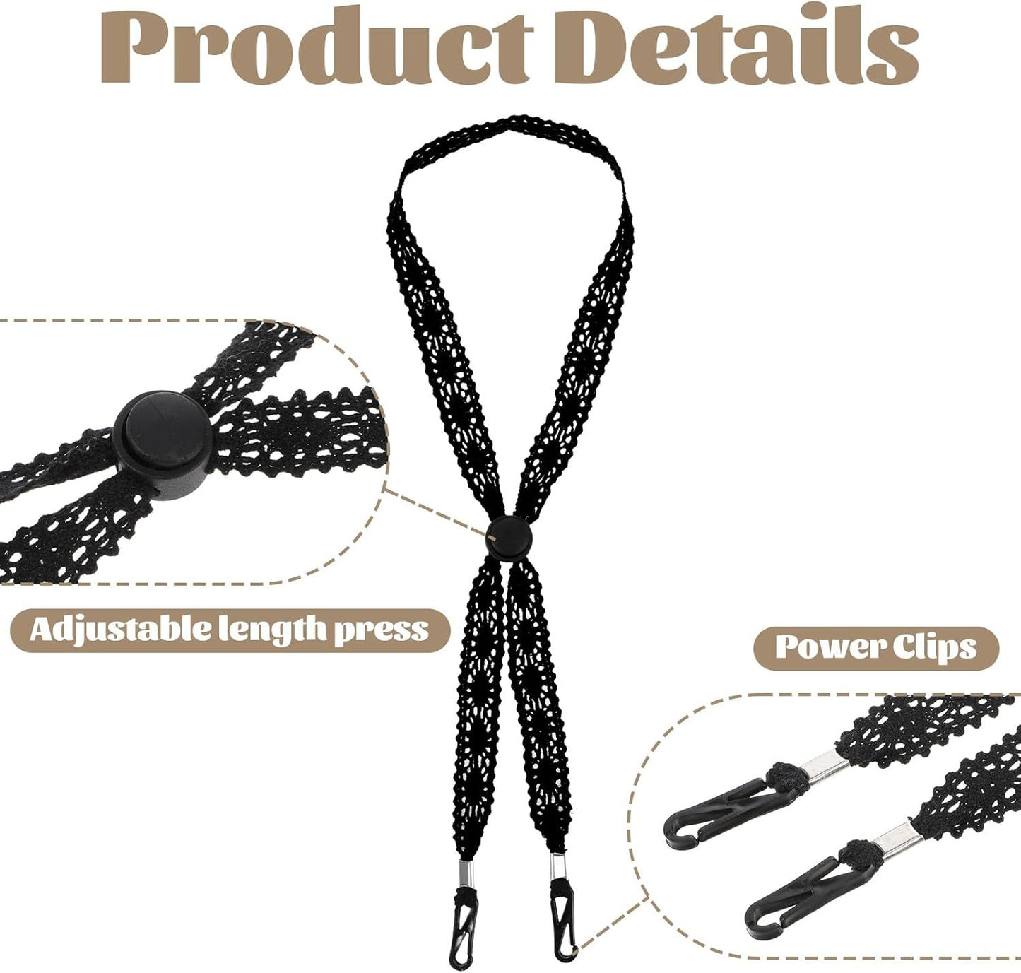 2 PCS Hat Straps for Wind, Adjustable Beige Black Chin Cord, Lace Sun Hat Chin Strap with Clips, Replacement V1258-DP02-D-603