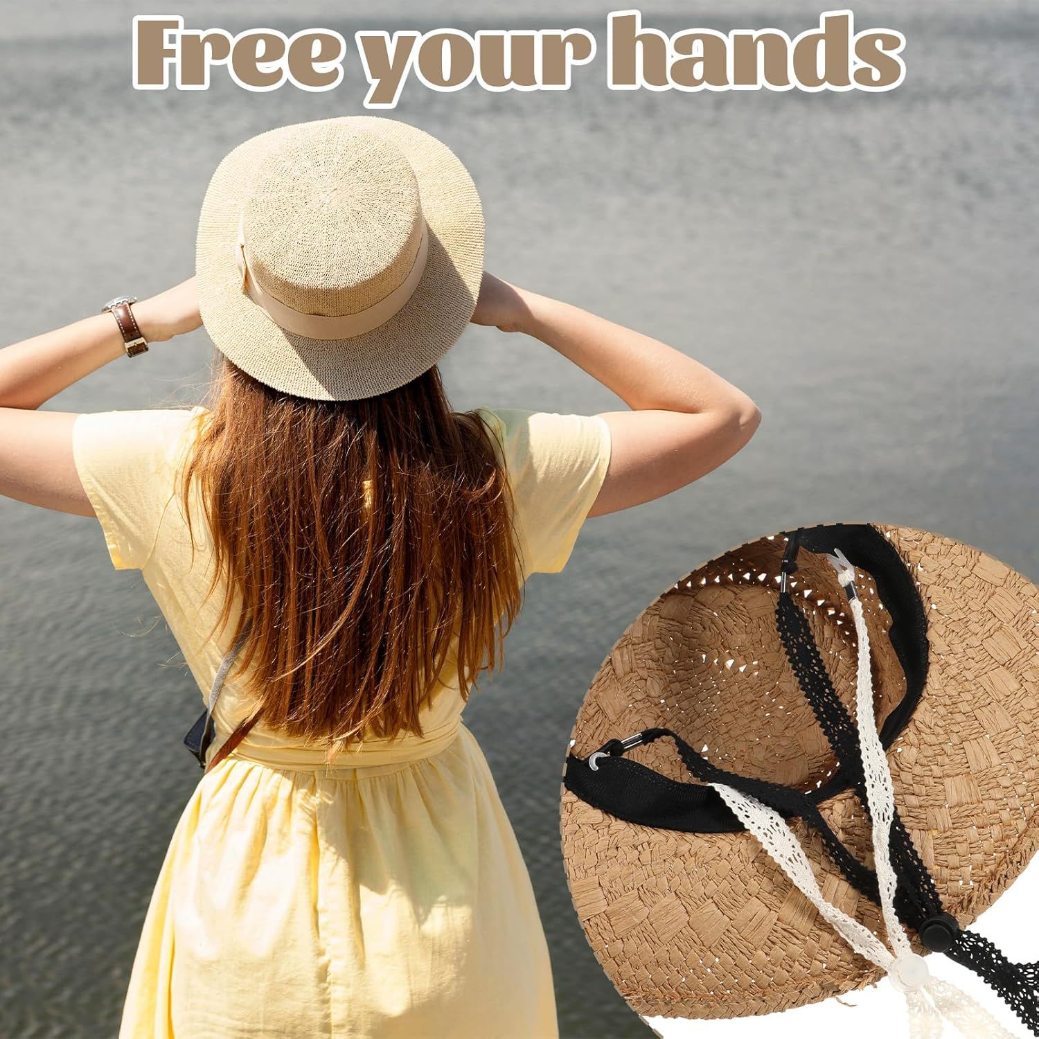 2 PCS Hat Straps for Wind, Adjustable Beige Black Chin Cord, Lace Sun Hat Chin Strap with Clips, Replacement V1258-DP02-D-603