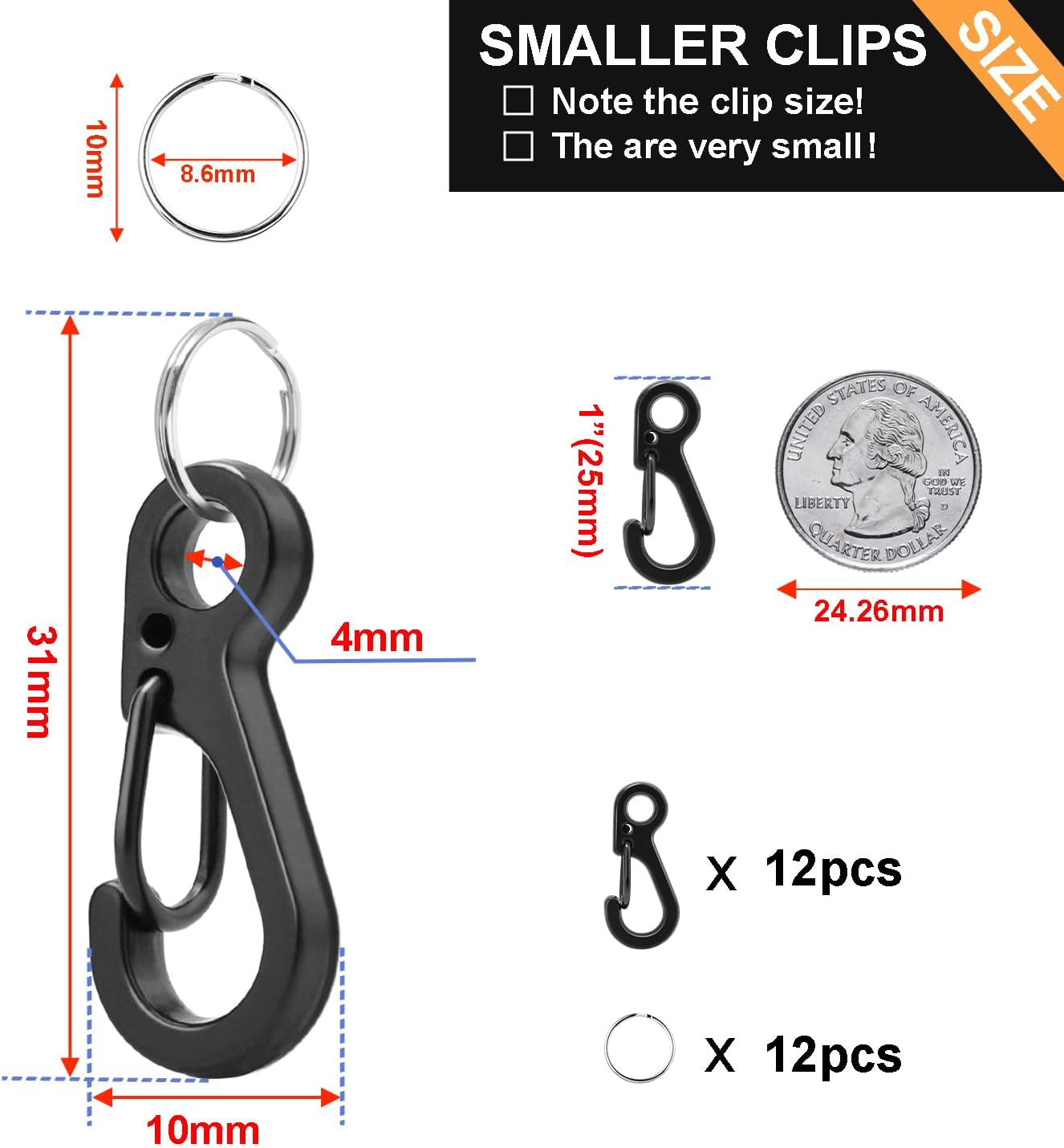 Small Carabiner Clip Metal Spring Snap Hooks Mini Paracord Hanging Clips for Camera Strap, Flashlight, Key V1258-DP02-D-61