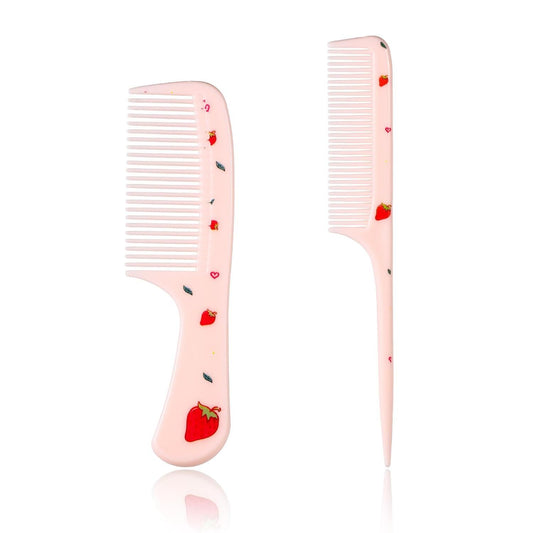 2pcs Cute Hair Comb Set, Pink Strawberry Baby Comb Fine Tooth Comb & Rat Tail Comb Toddler Tiny Hair Comb V1258-DP02-D-610