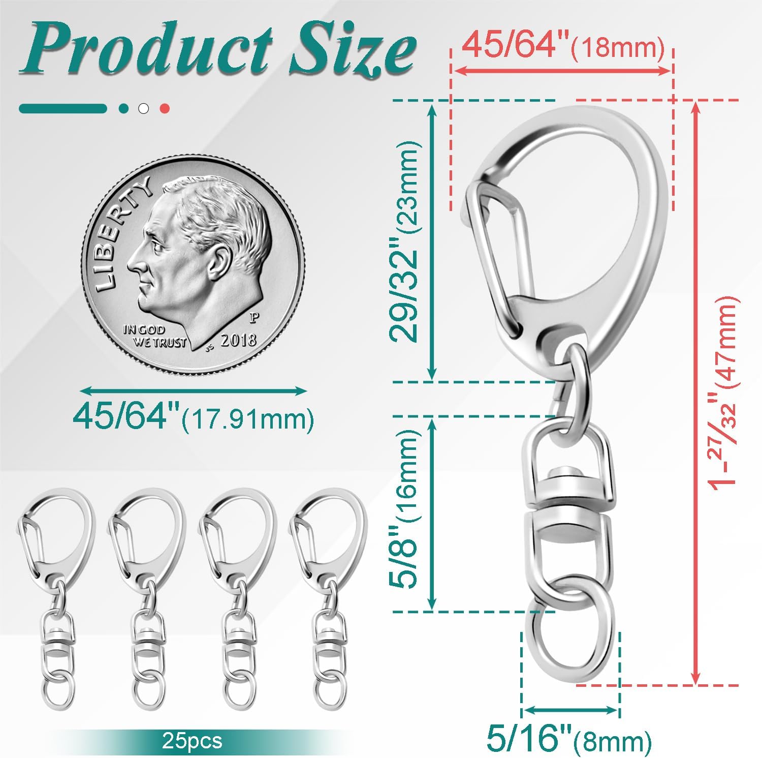 25 Pack Lobster Claw Clasps Keychain Kit, Silver Keychain Clip with Swivel Snap Hooks, Bulk Key Chain Clasps V1258-DP02-D-62