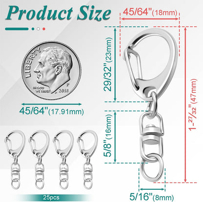 25 Pack Lobster Claw Clasps Keychain Kit, Silver Keychain Clip with Swivel Snap Hooks, Bulk Key Chain Clasps V1258-DP02-D-62