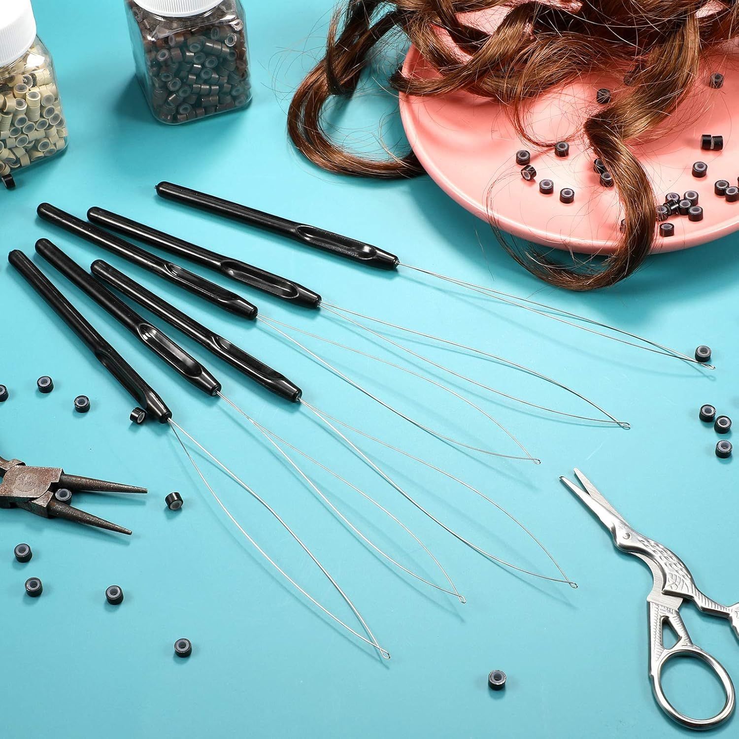 10 Pieces Hair Extension Loop Needle Threader Pulling Hook Tool and Bead Device Tool Black Loop Threader for V1258-DP02-D-625