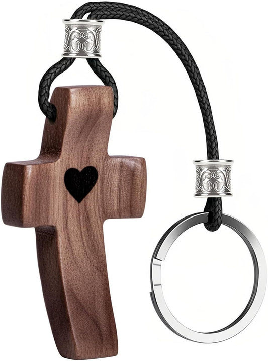 Handmade Wooden Cross Keychain, Christian Keychain, Natural Black Walnut, Relieve Anxiety Gift for Women and V1258-DP02-D-627