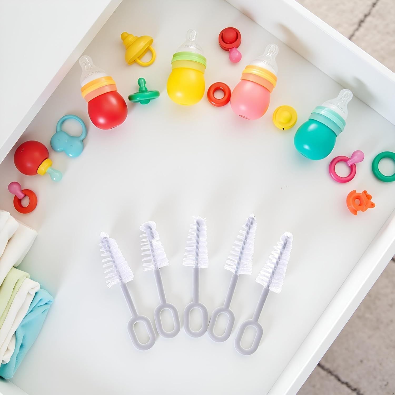 5 Pcs White Pacifier Cleaning Set,Nipple Cleaner Nipples Brush Cleaning Tools Professional Bristle High V1258-DP02-D-652