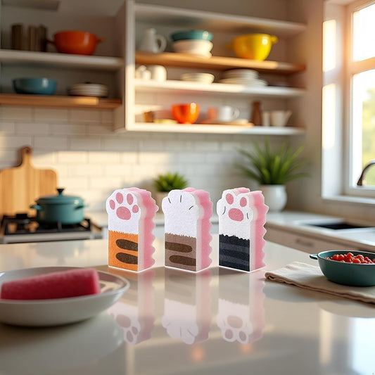3Pcs Pink Random Style Cat Claw Design Kitchen Cleaning Sponges,Cute Household Cleaning Tool,Claw Design V1258-DP02-D-654