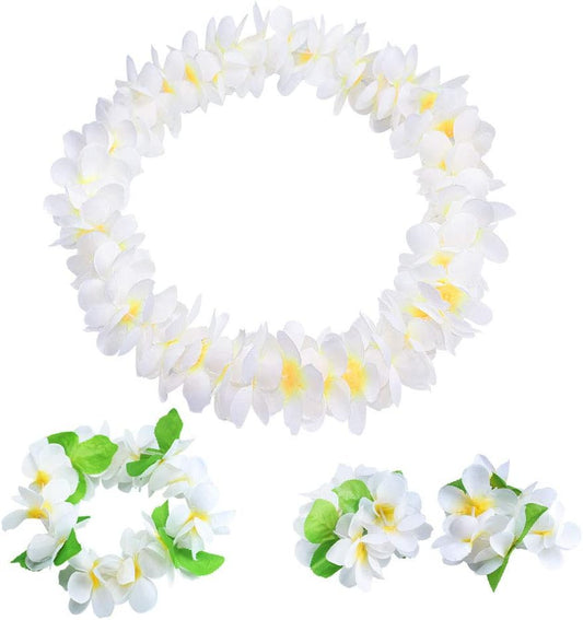 Yansanido 4 Pcs White Hawaiian Leis with Green Leaves for Graduation Party, Dance Party, Photo Prop in V1258-DP02-D-94