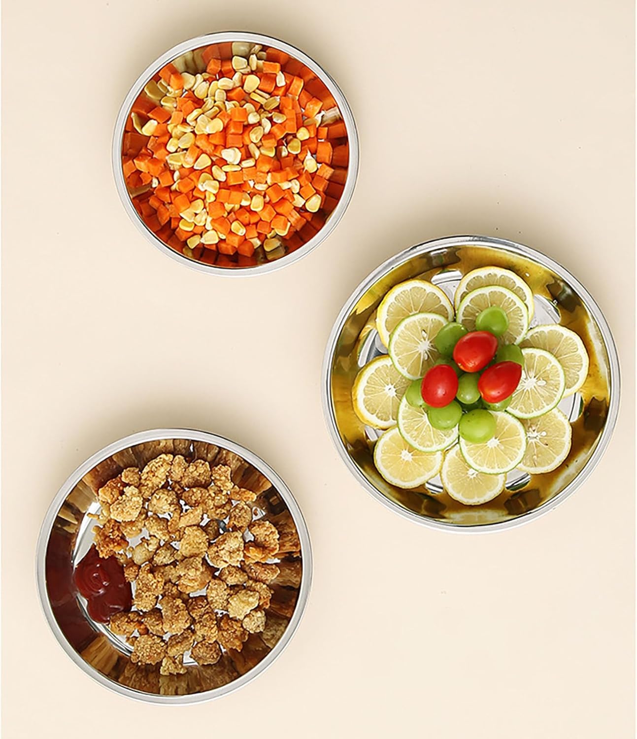 Thin Circular Trinket Tray, 3 Pcs Stainless Steel 7 Inch Diameter Flat Serving Trays for Kitchen, Party and V1258-DP02-D-95