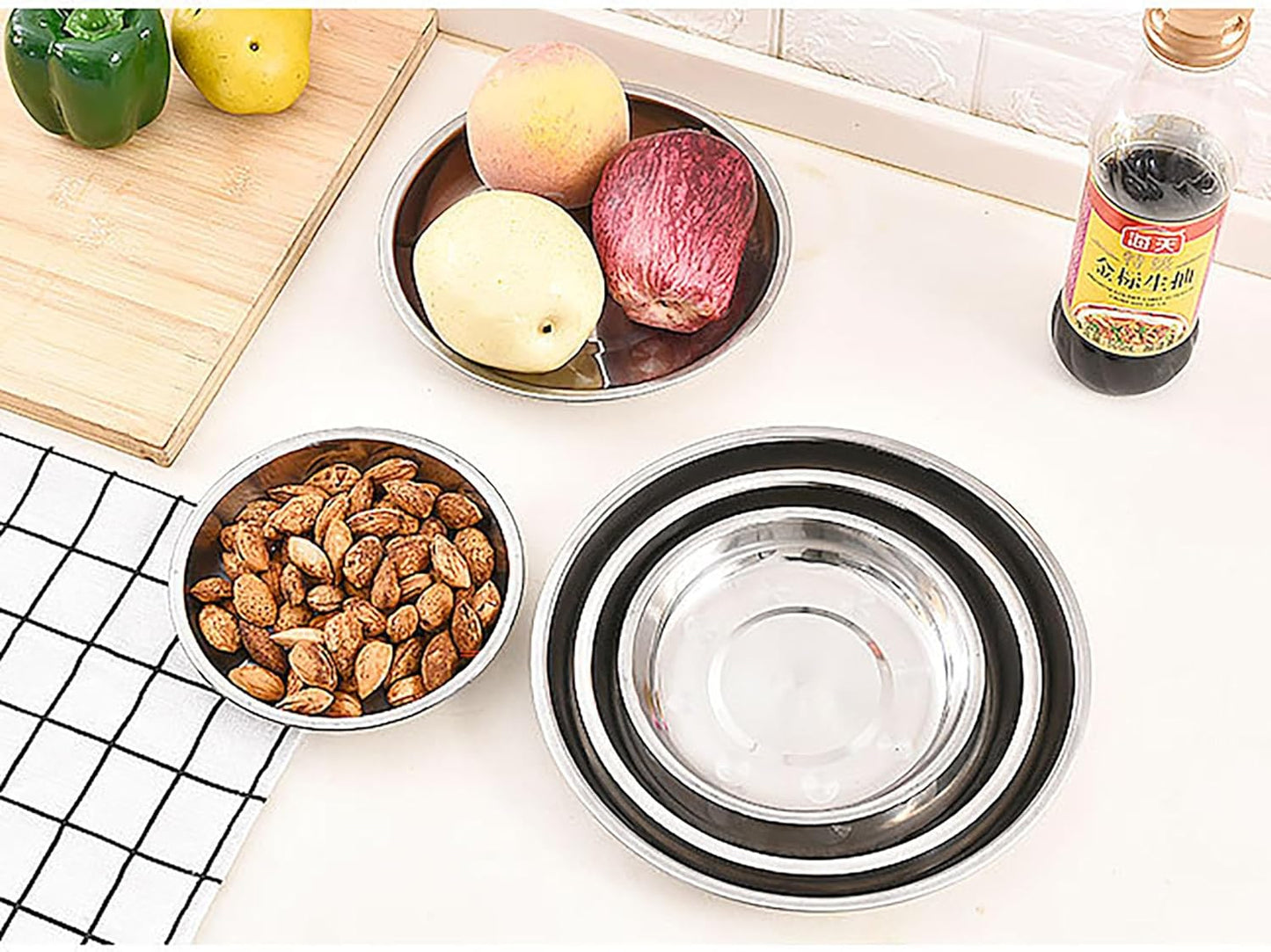 Thin Circular Trinket Tray, 3 Pcs Stainless Steel 7 Inch Diameter Flat Serving Trays for Kitchen, Party and V1258-DP02-D-95