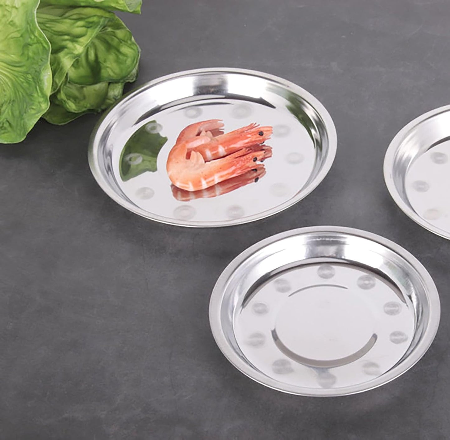 Thin Circular Trinket Tray, 3 Pcs Stainless Steel 7 Inch Diameter Flat Serving Trays for Kitchen, Party and V1258-DP02-D-95