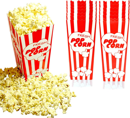 15 Movie Night Popcorn Paper Boxes Buckets 7.75 Inches Tall Large & Holds 46 Oz Old Fashion Vintage Retro V1258-DP02-E-100