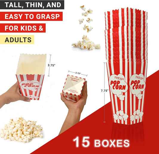 15 Movie Night Popcorn Paper Boxes Buckets 7.75 Inches Tall Large & Holds 46 Oz Old Fashion Vintage Retro V1258-DP02-E-100