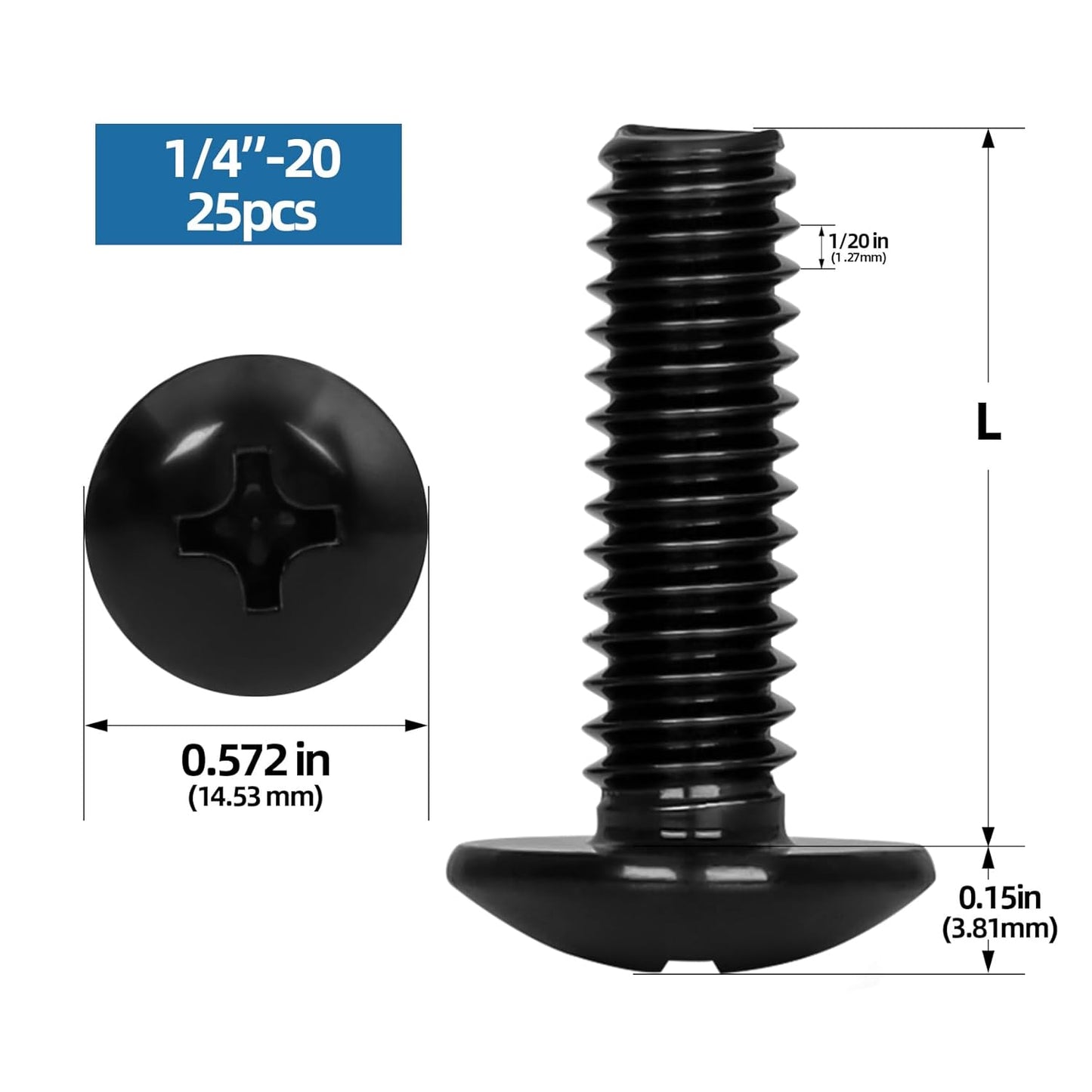 1/4"-20 x 1/2" Truss Head Machine Screws, Full Thread, 304 Stainless Steel Black Finish, 25 PCS V1258-DP02-E-111